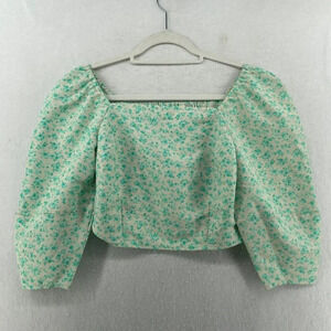 Levi's Blouse Women's Sz S Green Yvie Standard Fit Floral Puff Sleeves Cropped